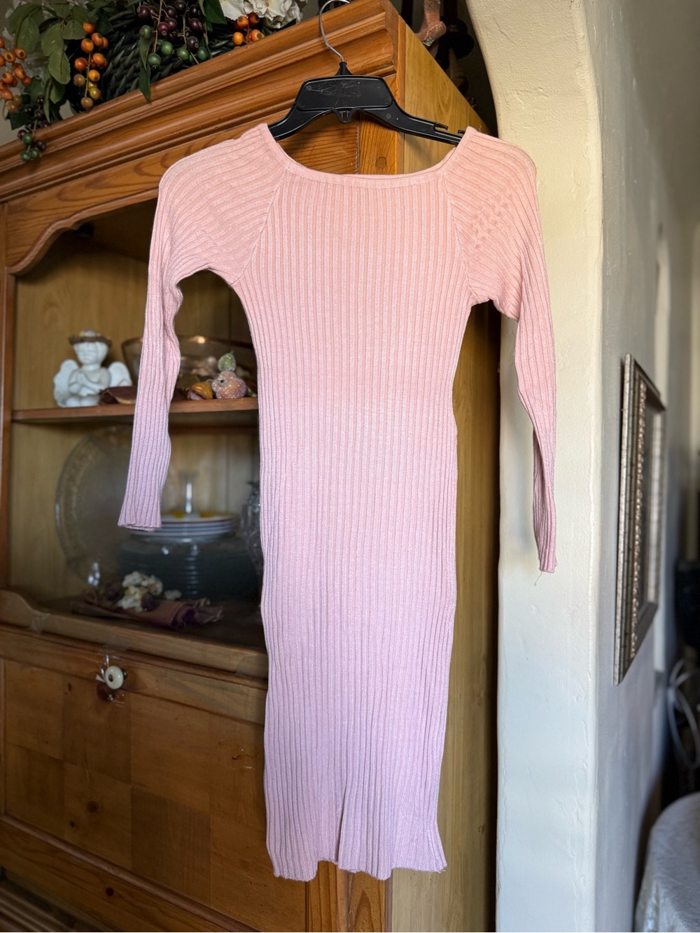 Slim Ribbed Long-Sleeve Pink Knit Dress